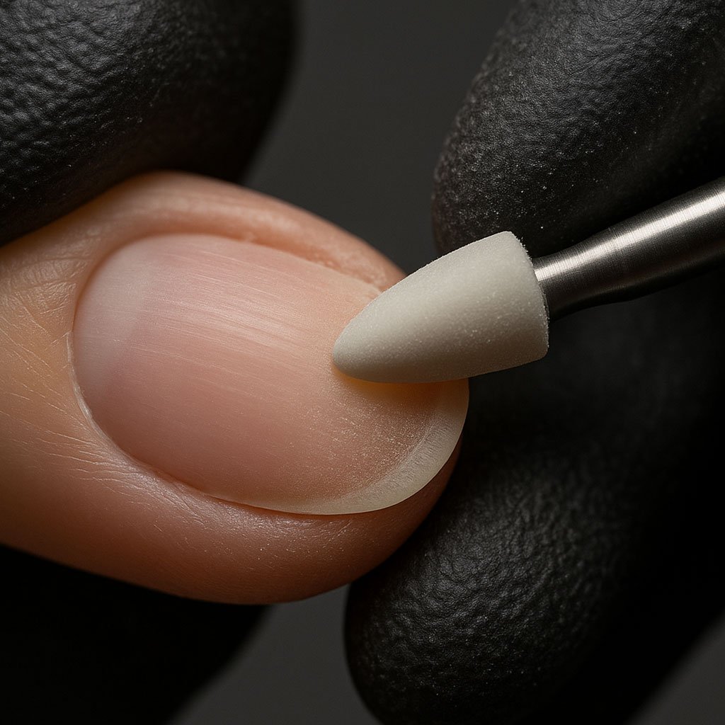 Electric file performing dry cuticle cleaning during Russian manicure