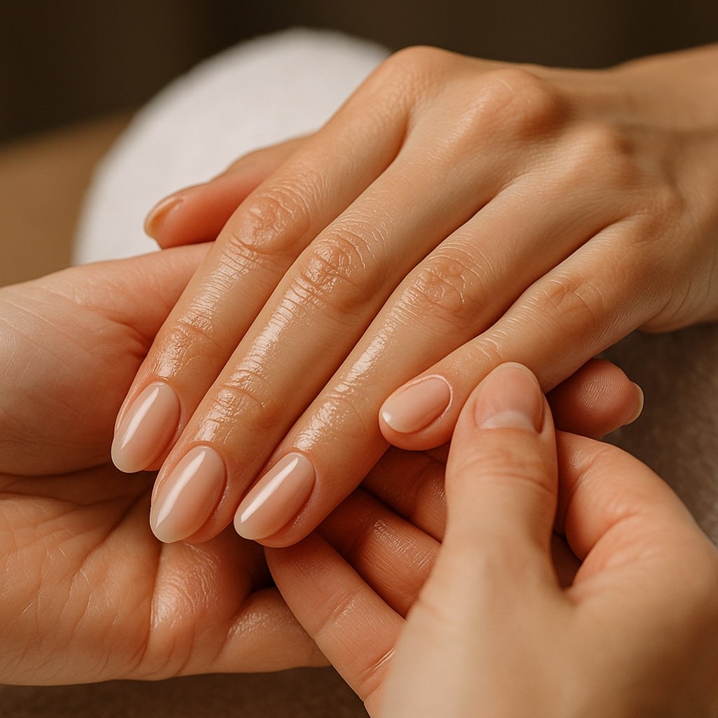 Finishing touches of Russian manicure with cuticle oil treatment