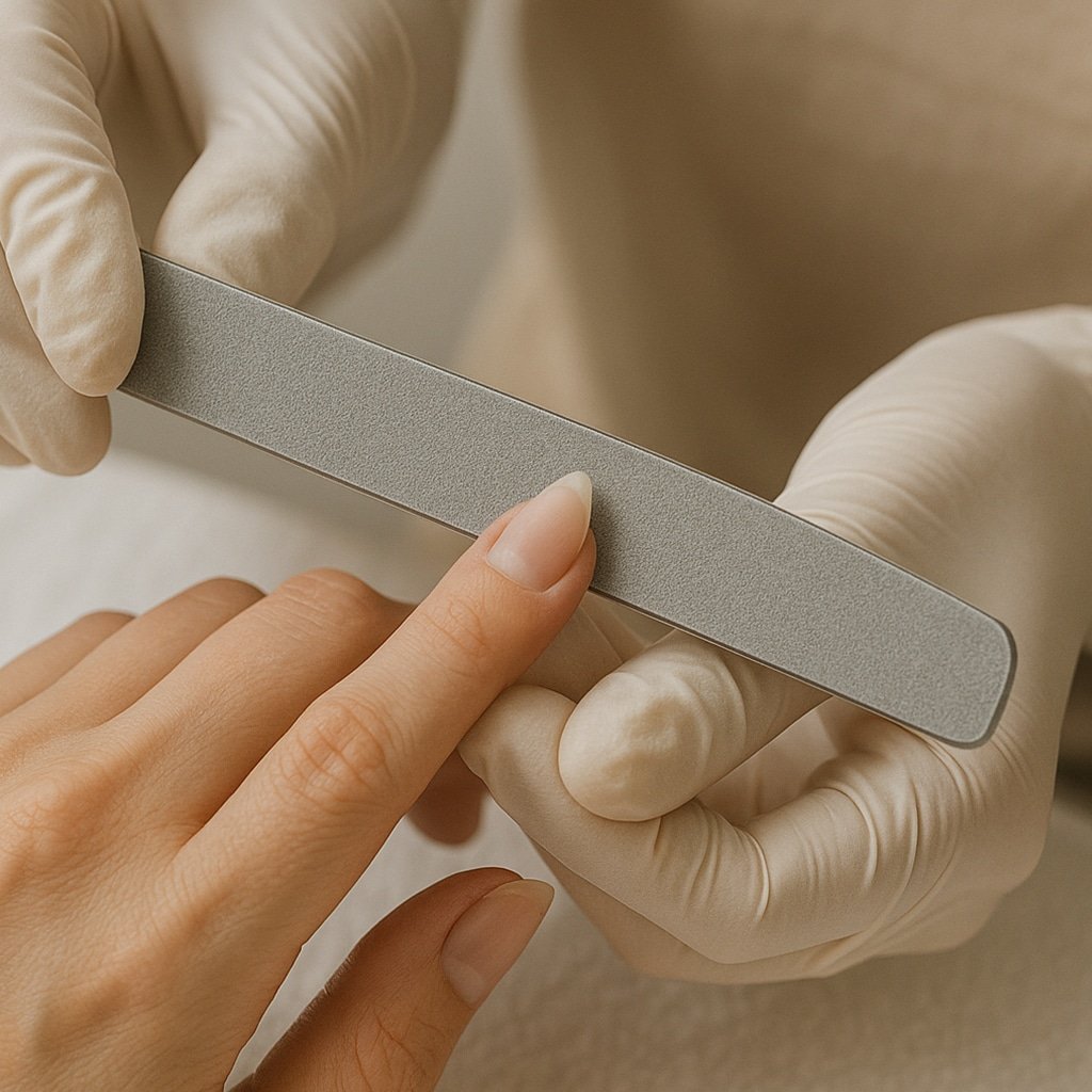 Nail technician shaping nail edge to almond form during Russian manicure