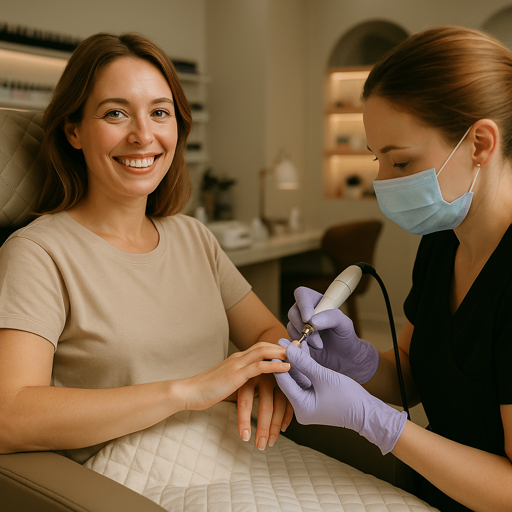 Client receiving luxury Russian manicure at NÜDE Nail Spa