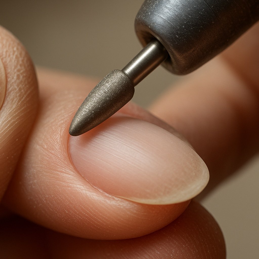 Nail technician refining nail surface with fine drill bit during Russian manicure