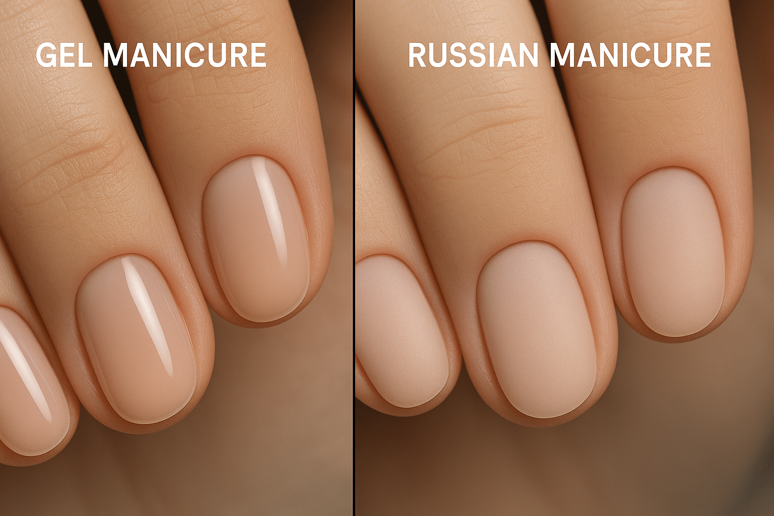 Comparison between classic gel manicure and Russian manicure close-up