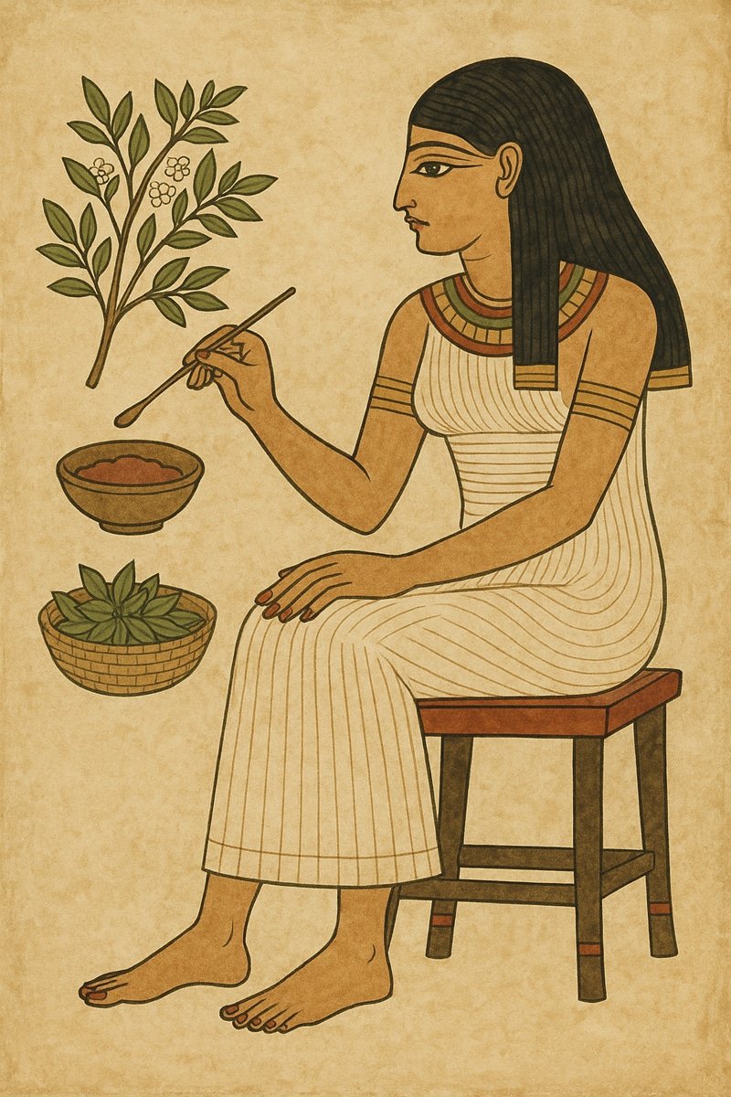Artistic depiction of ancient China nail dyeing tradition using henna leaves and clay, showing the origins of nail polish.