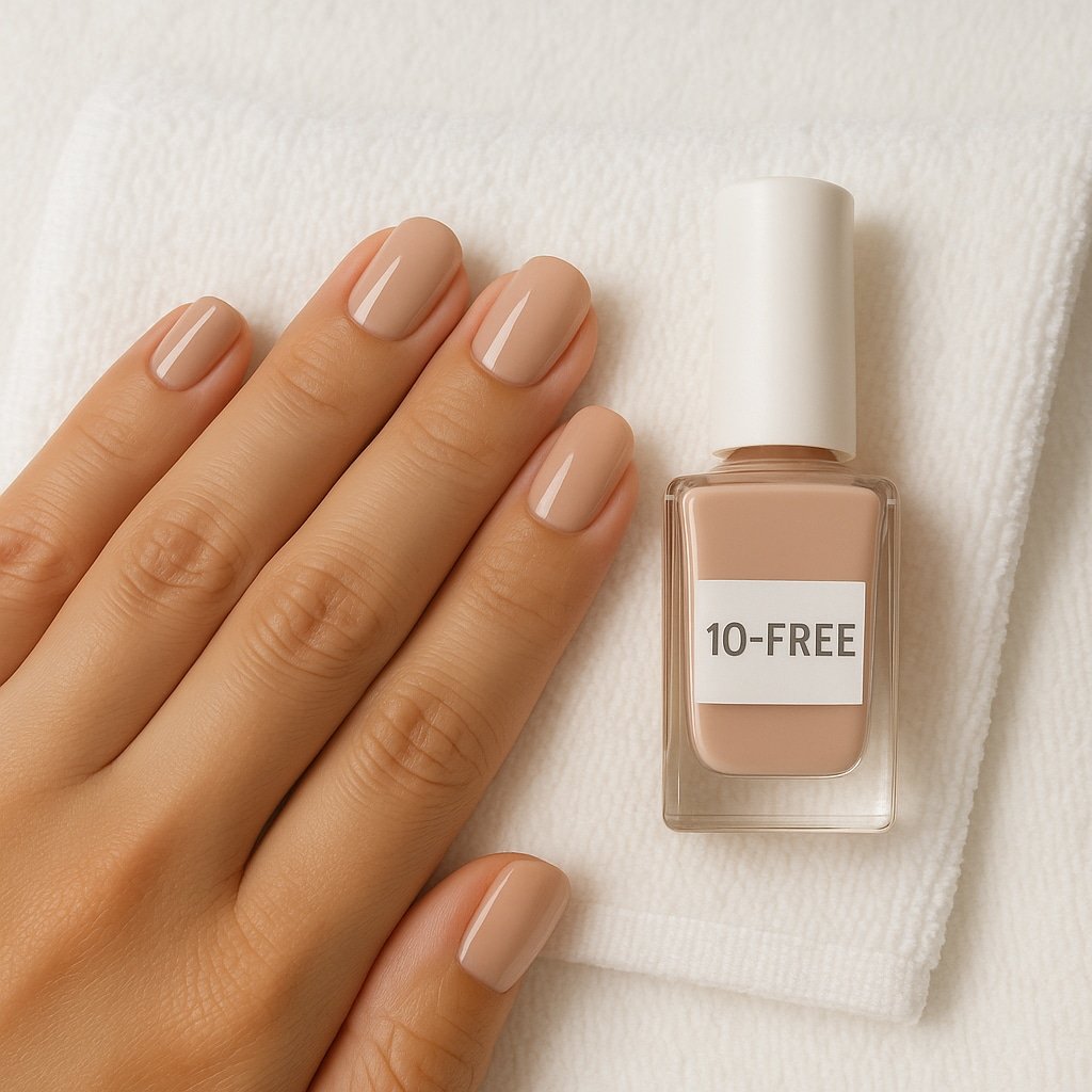 Hand with 10-free non-toxic nail polish showing benefits for health and environmental safety.