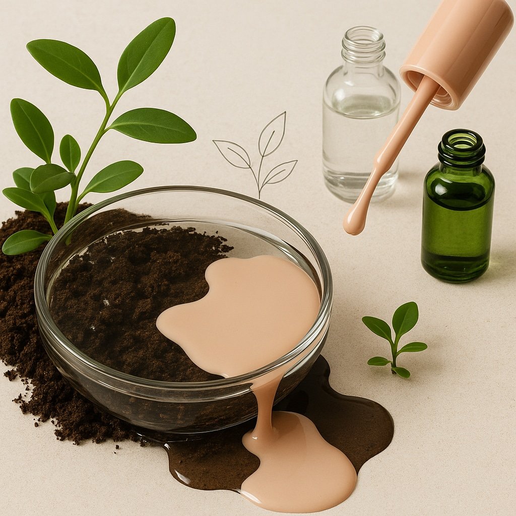 Conceptual image showing environmental concerns from traditional nail polish chemicals leaking into soil and water.