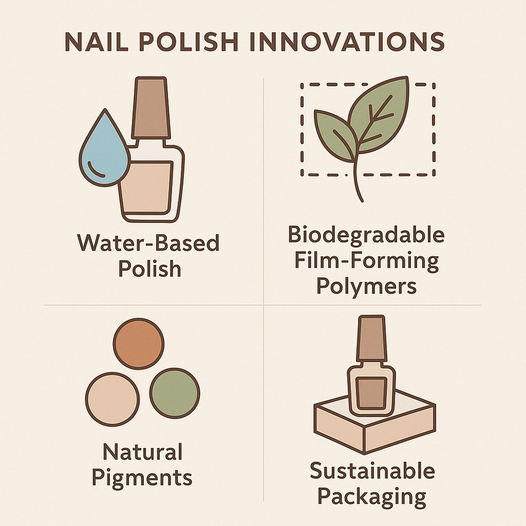 Infographic showing the future of nail polish with water-based, biodegradable, and sustainable innovations.