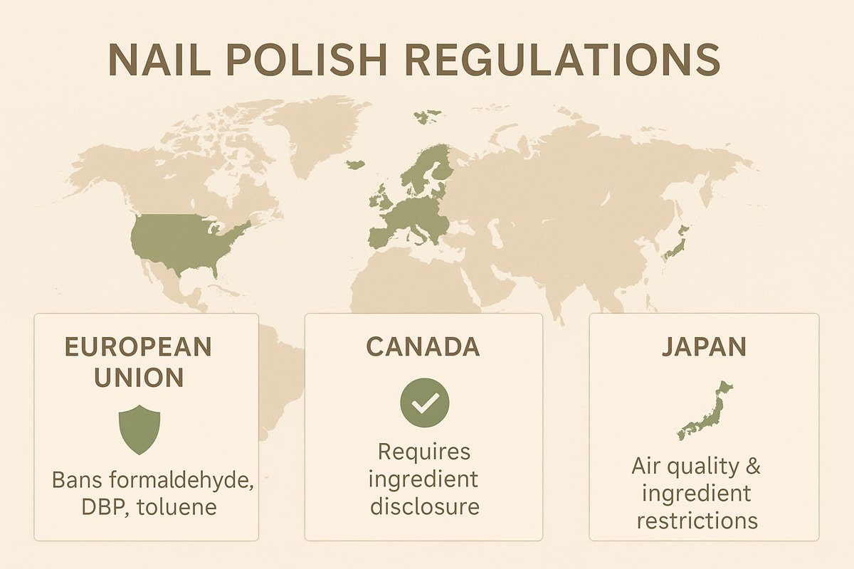 Infographic showing international regulations for nail salon safety and toxic chemical restrictions in nail polish.