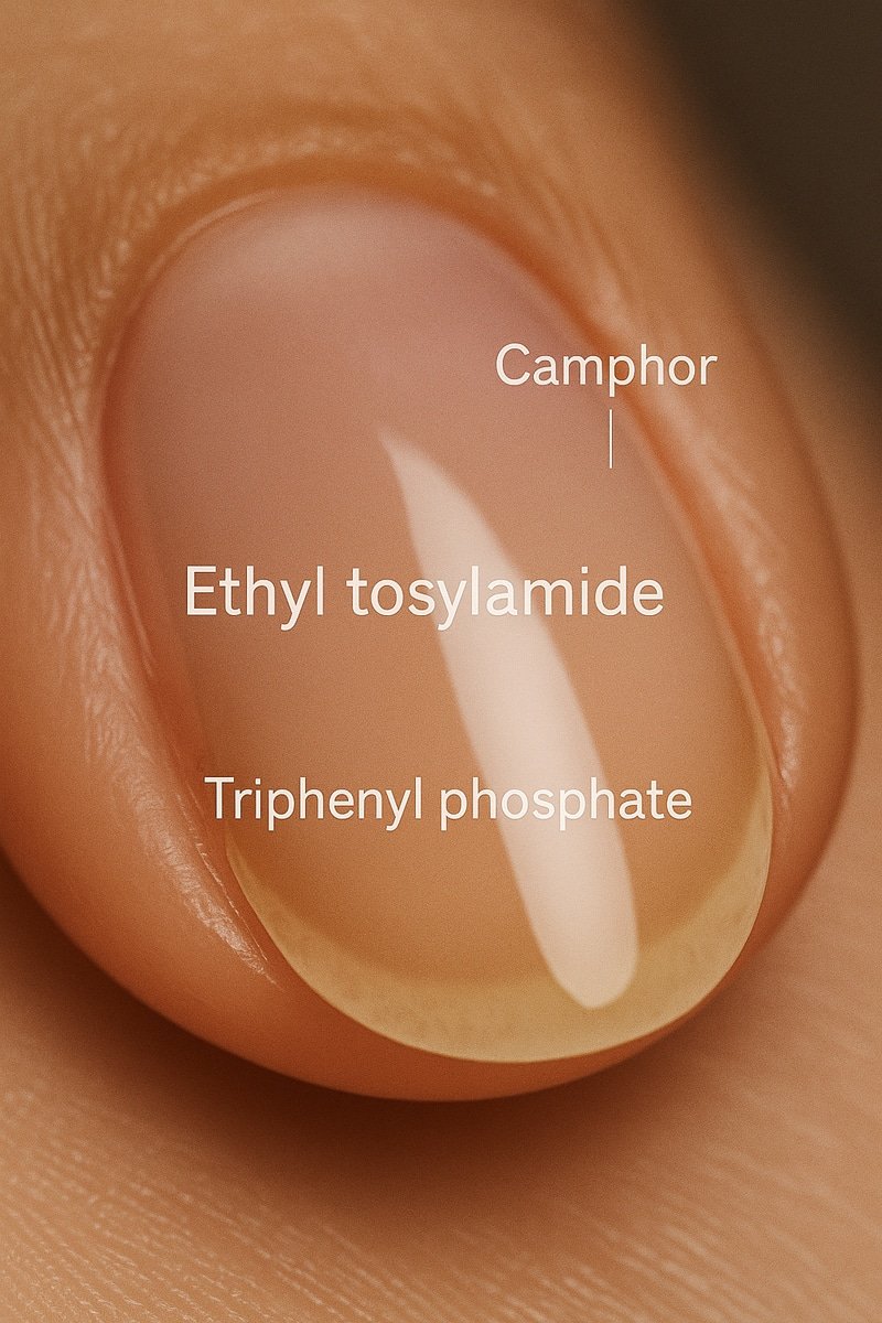 Macro photo of nail polish drying on the nail plate showing harmful components like camphor and formaldehyde resin.