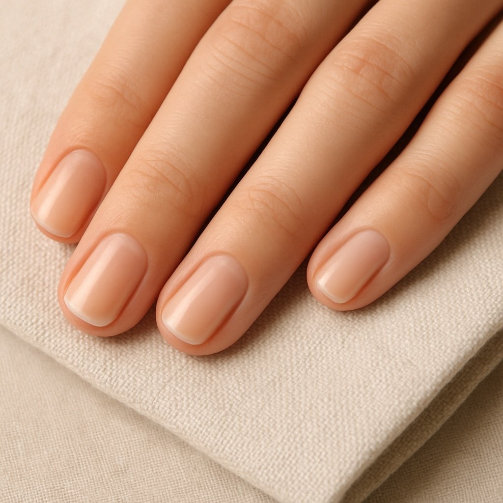 Close-up of healthy, natural nails after a break from polish to restore nail plate hydration.