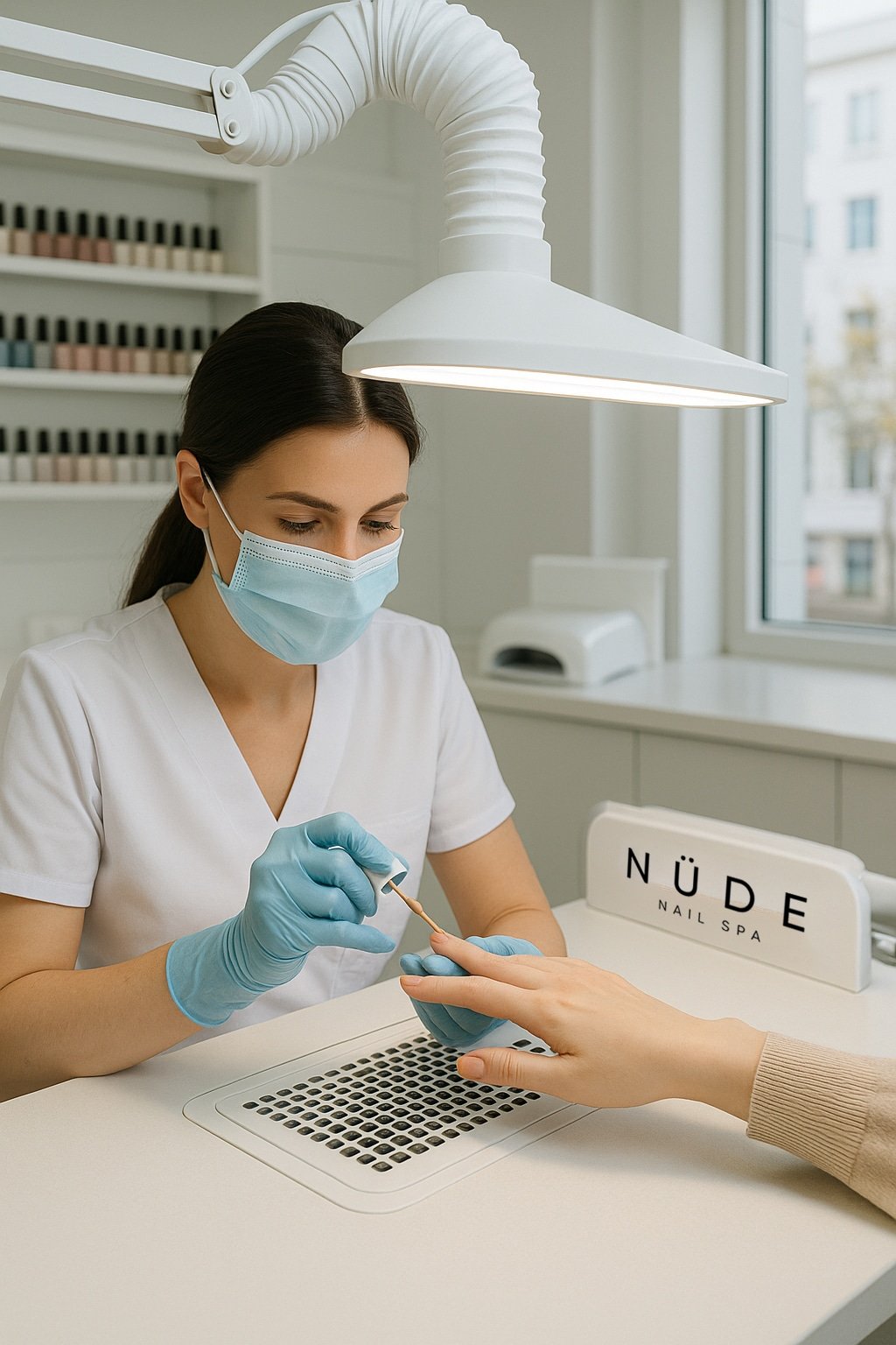 Nail technician applying non-toxic nail polish in a ventilated salon using gloves and mask for safety.
