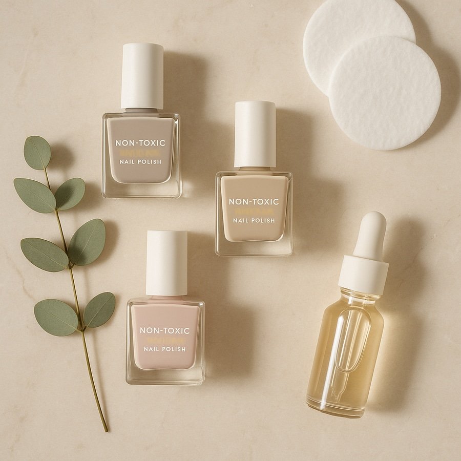 Flatlay of non-toxic nail polish bottles with natural ingredients, representing clean beauty and safe nail polish formulations.