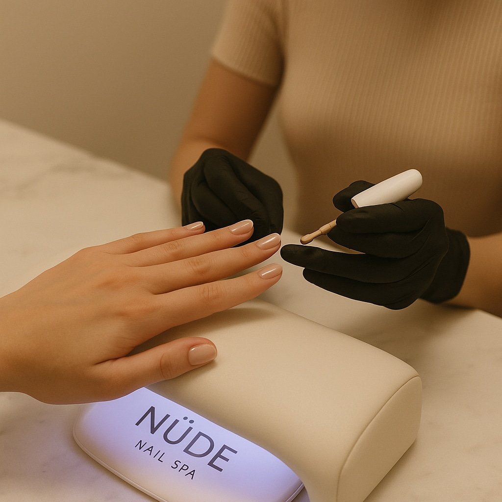Client receiving a 10-free non-toxic gel polish manicure under soft UV light at NÜDE Nail Spa.