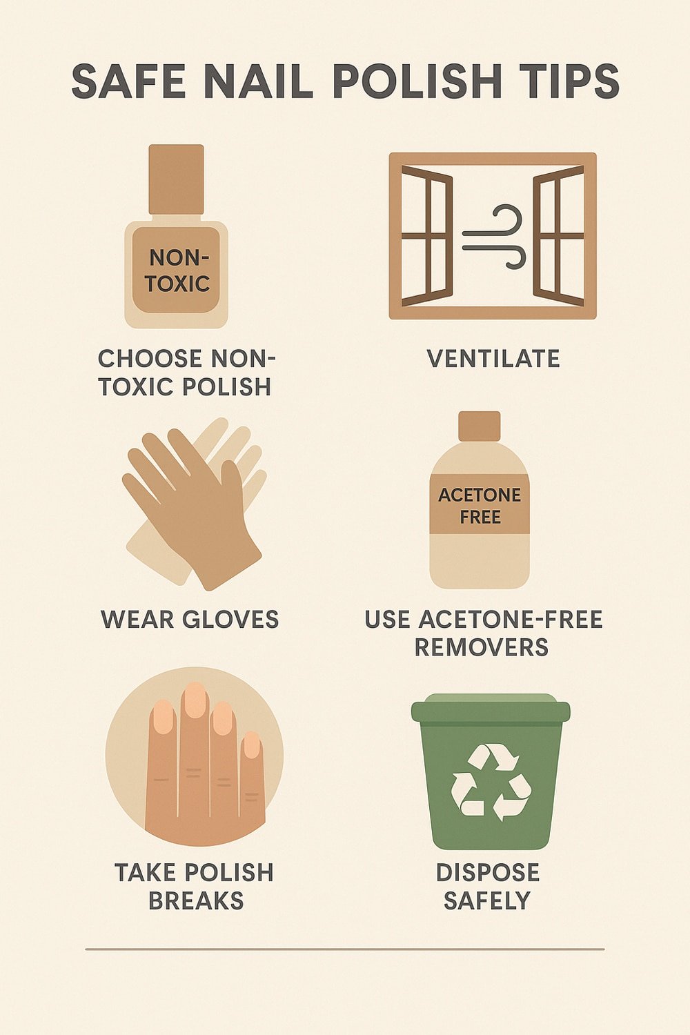 Infographic with six practical tips to reduce exposure to toxic chemicals in nail polish.