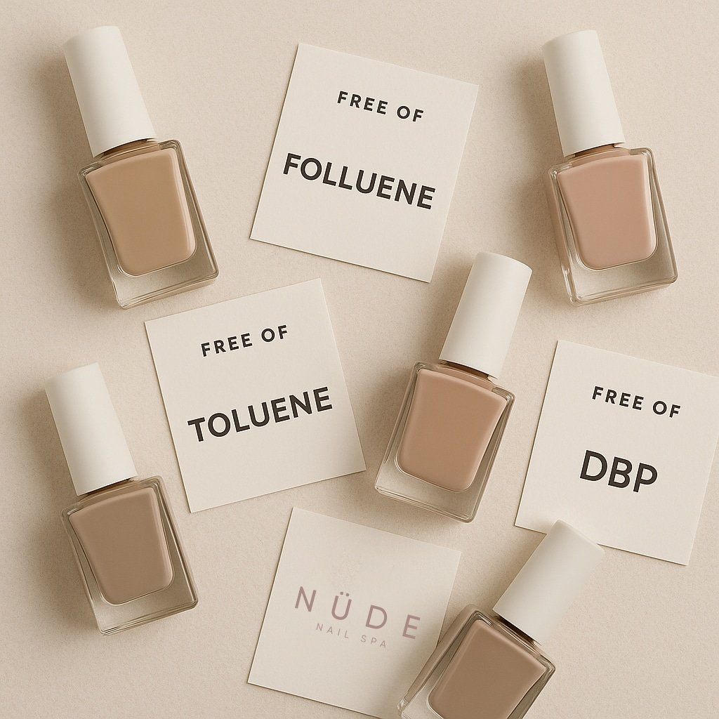 Flatlay of safer non-toxic nail polish brands showing excluded toxic ingredients.