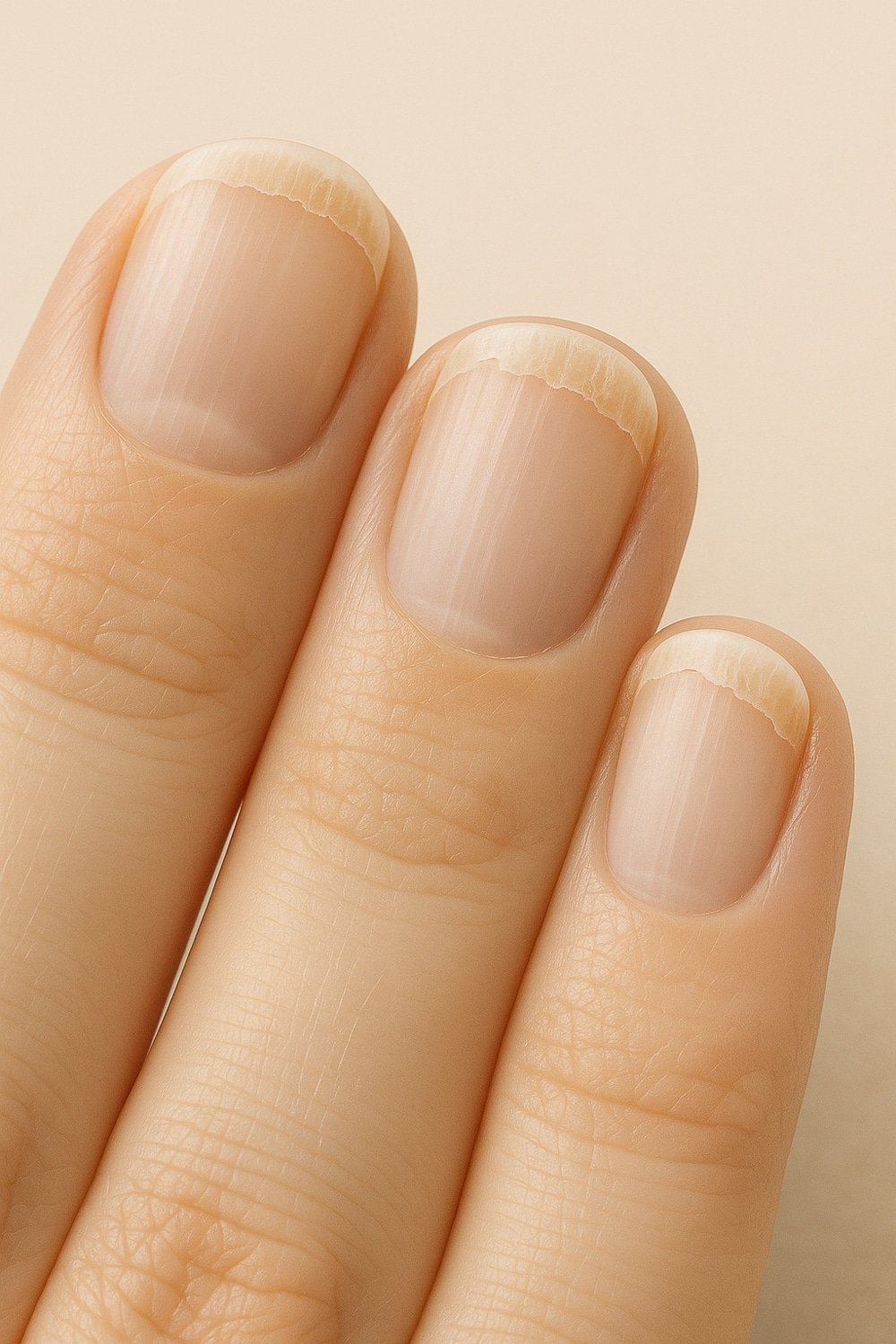 Close-up of brittle nails showing cracking and weak nail structure.