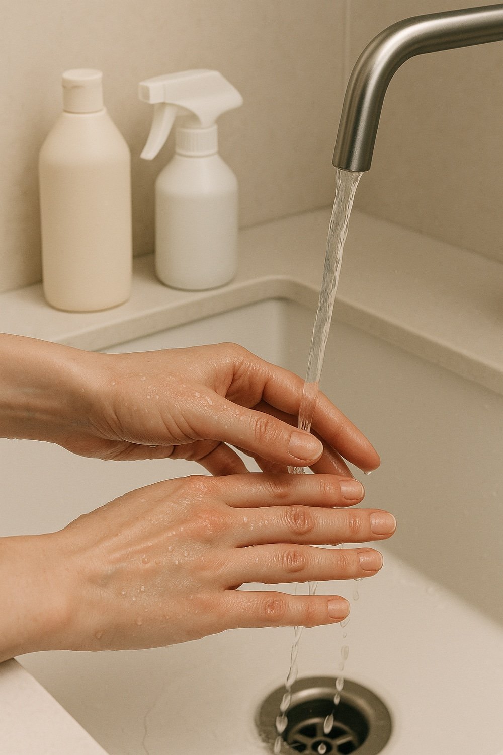 Hands exposed to water and cleaning agents, showing common causes of peeling nails.