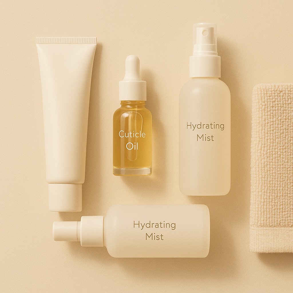 Daily nail care ritual tools arranged in a luxury spa style.