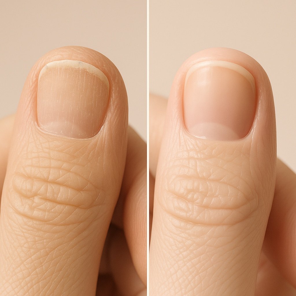Comparison image showing dry nails and overly moist nails.