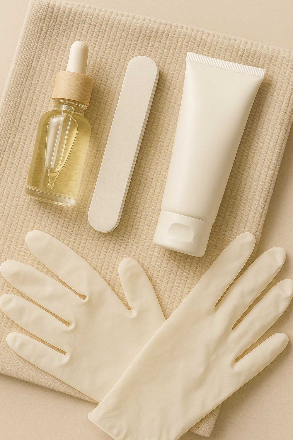 At-home nail care tools including cuticle oil and buffer for repairing peeling nails.
