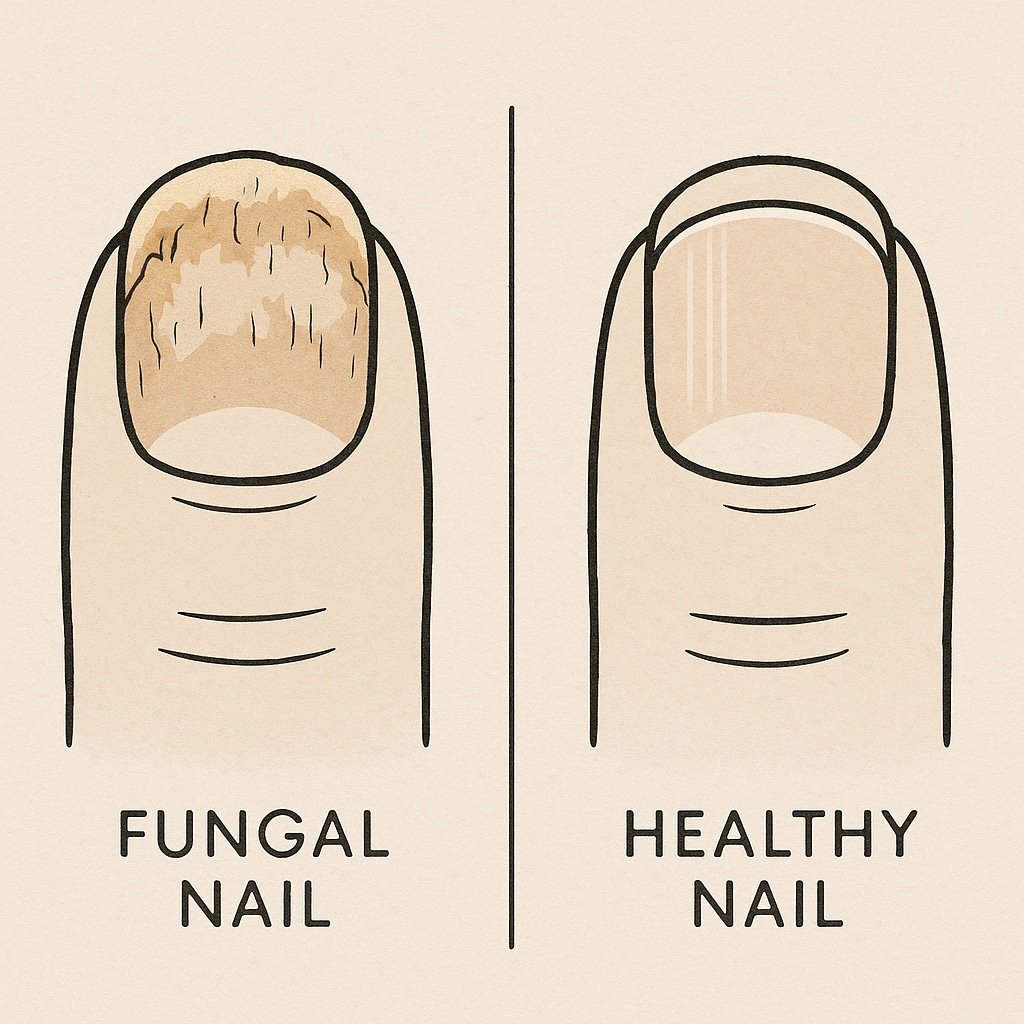Illustration comparing fungal-infected nails to healthy nails.