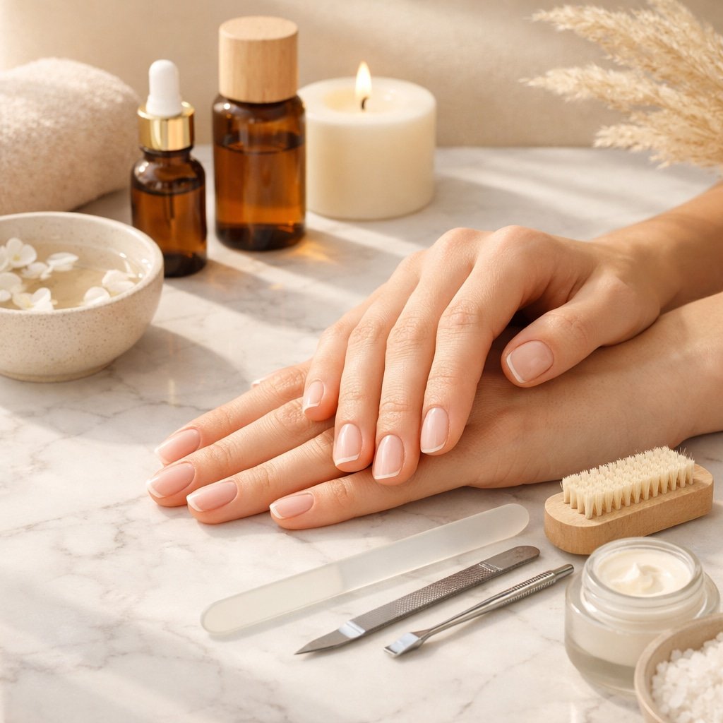 Healthy natural nails in a minimalist luxury spa setting