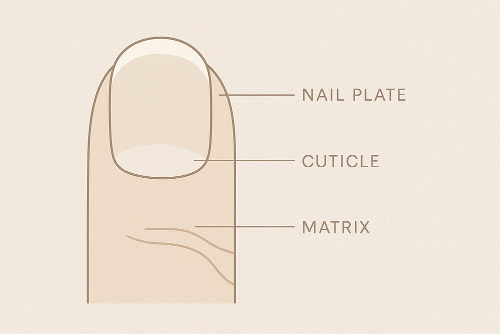 Minimalist diagram of nail anatomy including nail plate, nail bed, and cuticle.