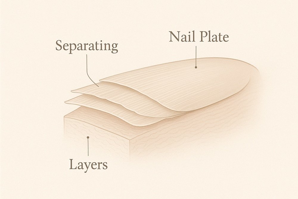 Minimalist diagram showing how the top nail layer separates and begins peeling.