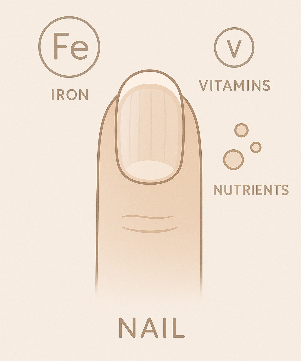 Illustration showing how nutrient deficiencies contribute to peeling nails.