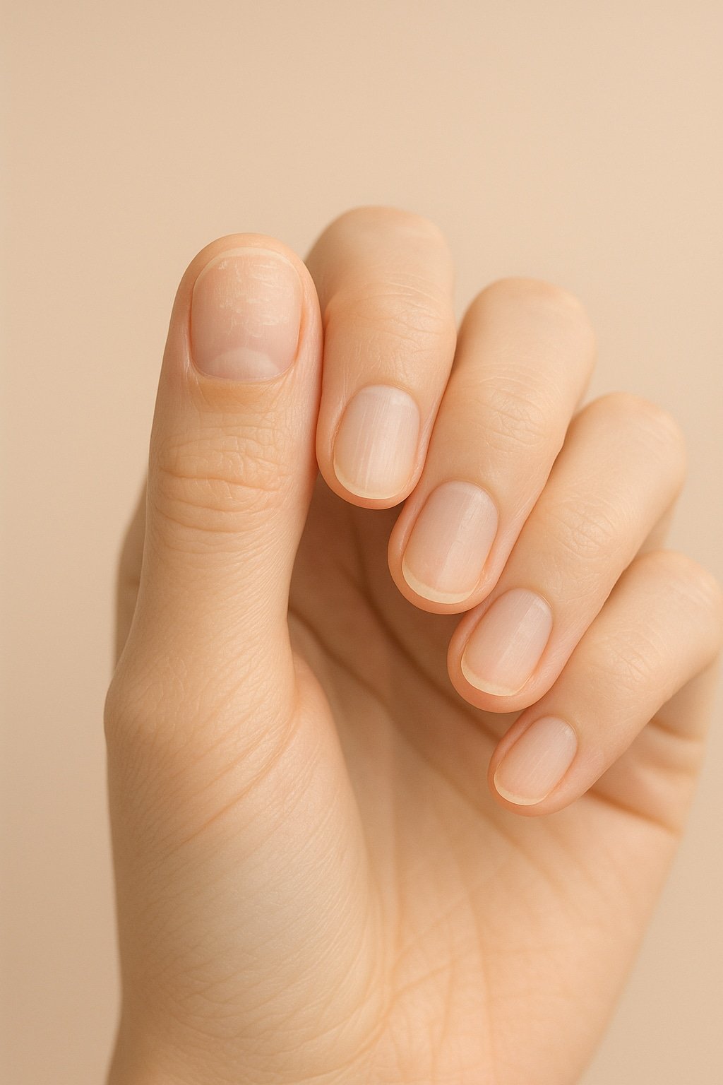 Close-up of natural nails showing early signs of peeling on a soft beige background.