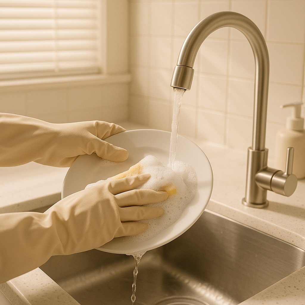 Wearing gloves while washing dishes to protect nails